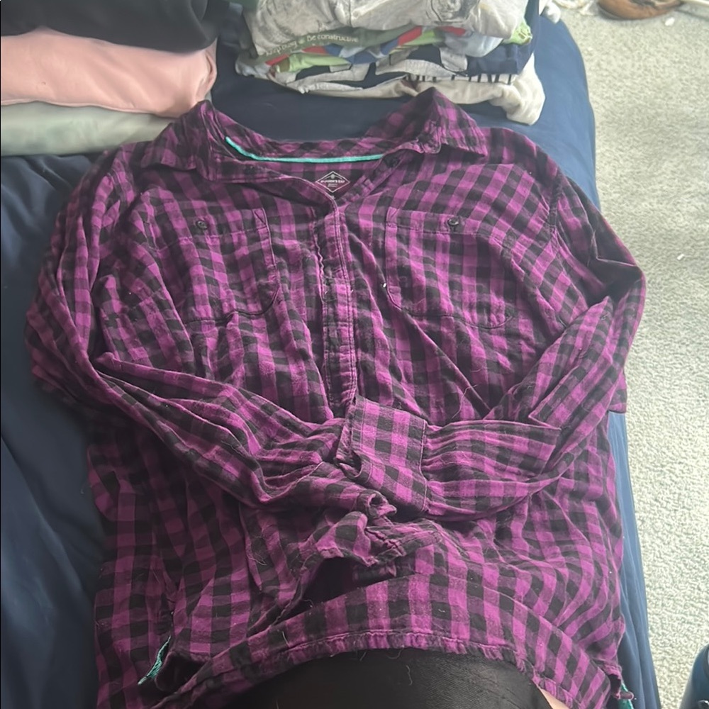 Purple and Black Plaid Button Down Shirt with Long Sleeves